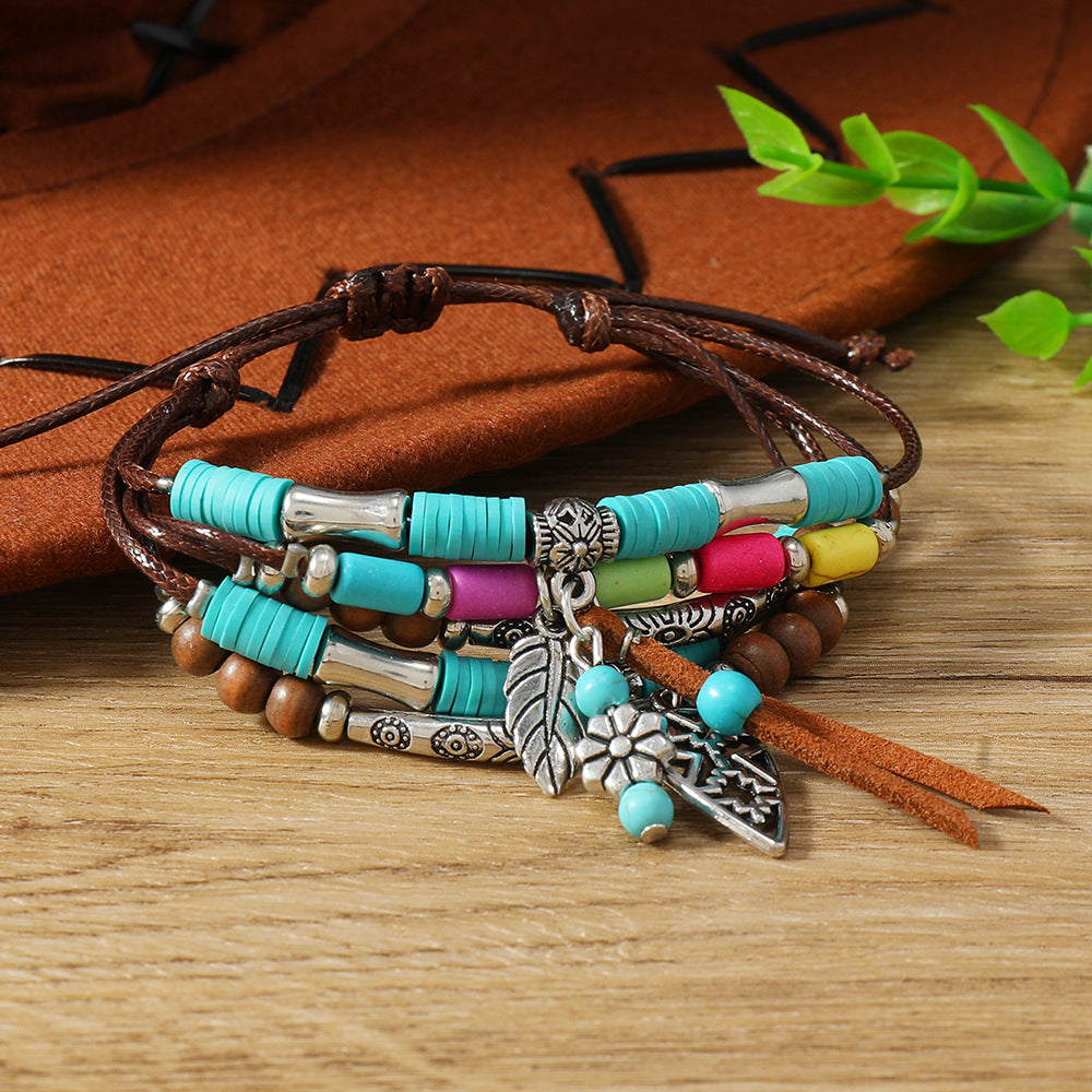 Wholesale Ethnic Bohemian Turquoise Tow Hat Tassel Handmade Multi-layer Bracelet Bracelet